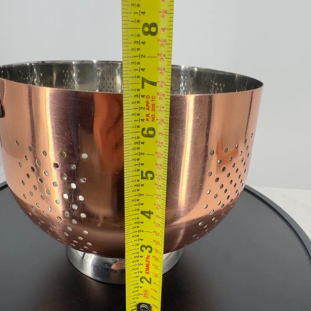 Vintage Copper Stainless Steel Footed Colander Strainer with Handle 8.5 Inch